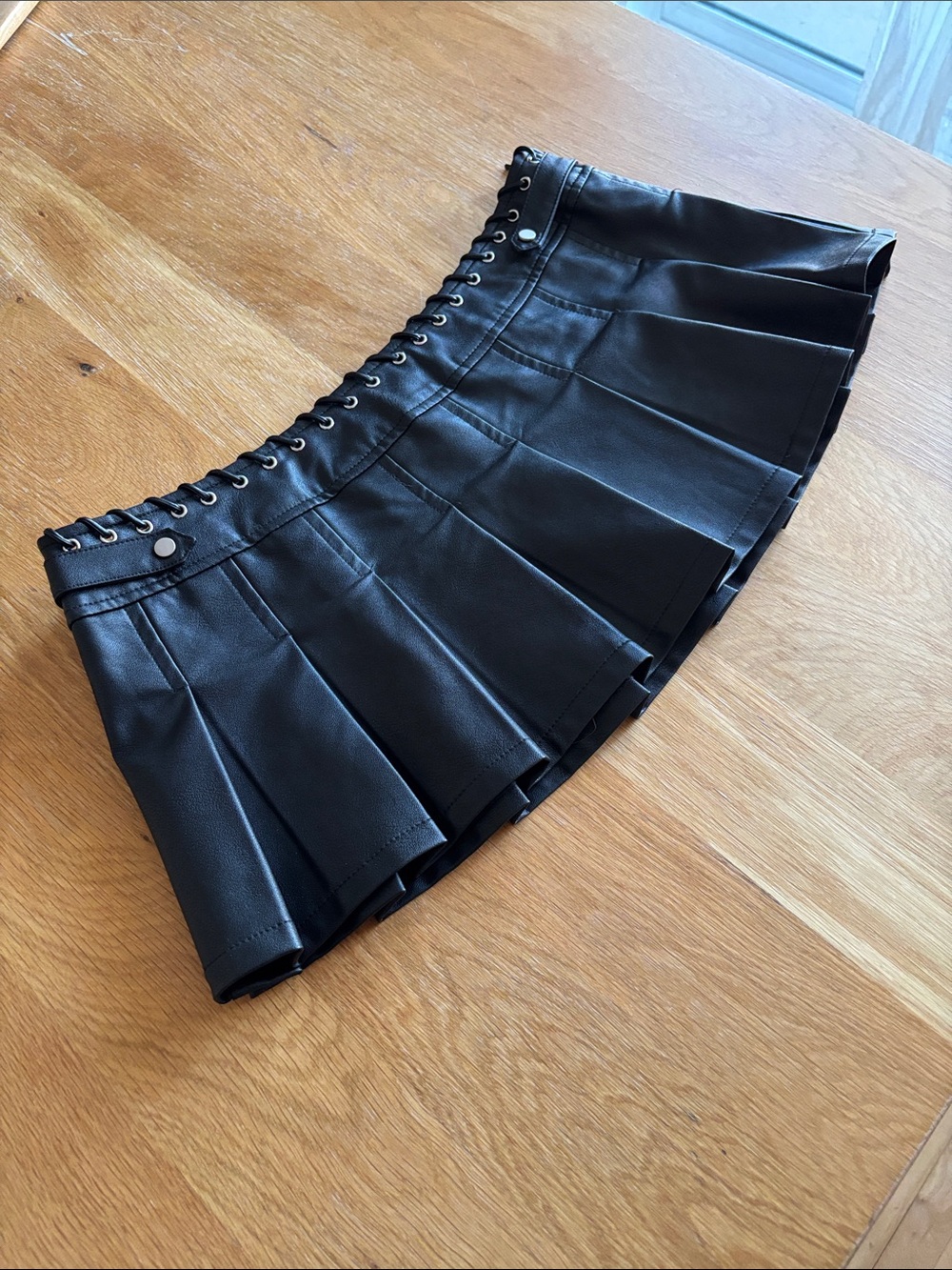 Miaou Black Faux Leather Pleated Mini Skirt with Eyelet Waist